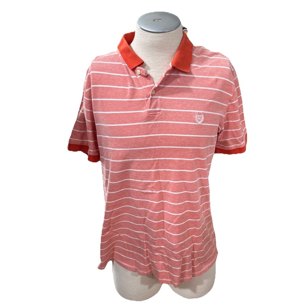 Chaps Polo Shirt Mens Large Orange White Striped Short Sleeve Cotton Regular Fit